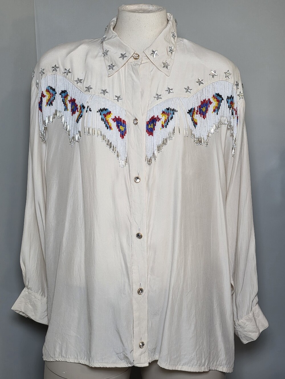 VTG Havana By The Hero Group Silk Beaded Fringe Western Country Button-Up Shirt